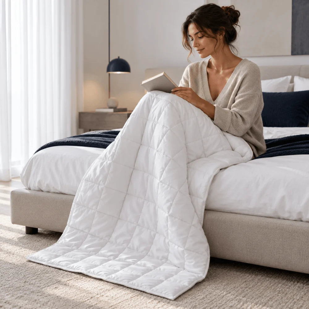 Couette lestée blanche posée sur une femme qui lit assise