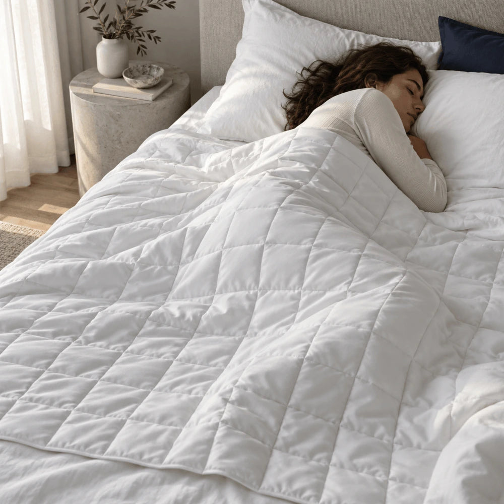 Couette lestée sur un lit et une femme dort dessous