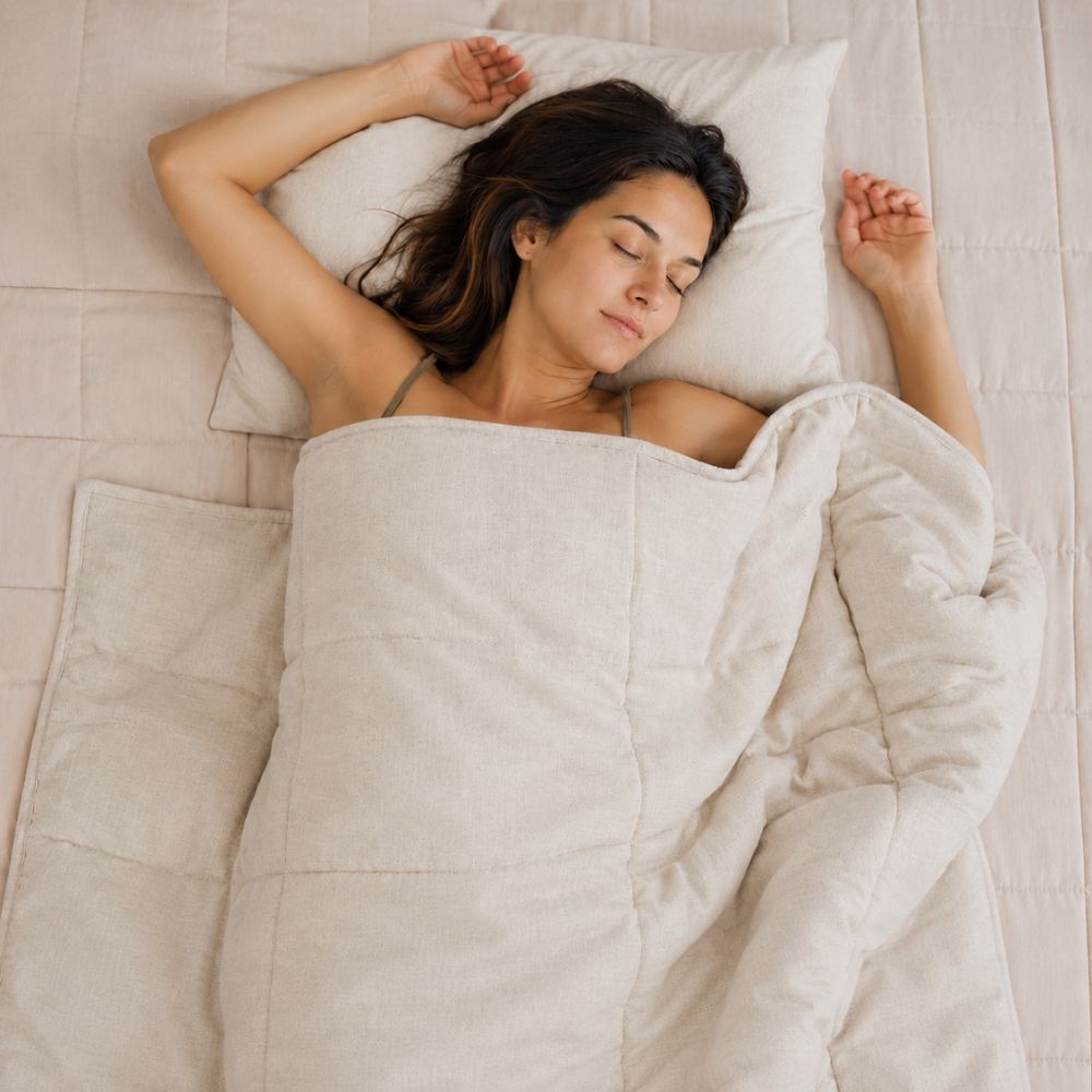 Couverture lestée en lin avec une femme allongée en dessous